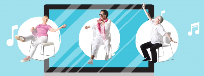 Graphic with three images of seniors dancing while sitting on chairs