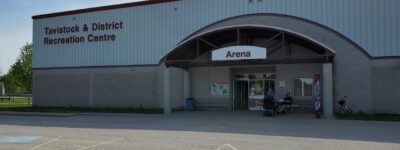 Exterior shot of the arena where the community COVID-19 vaccine clinic took place