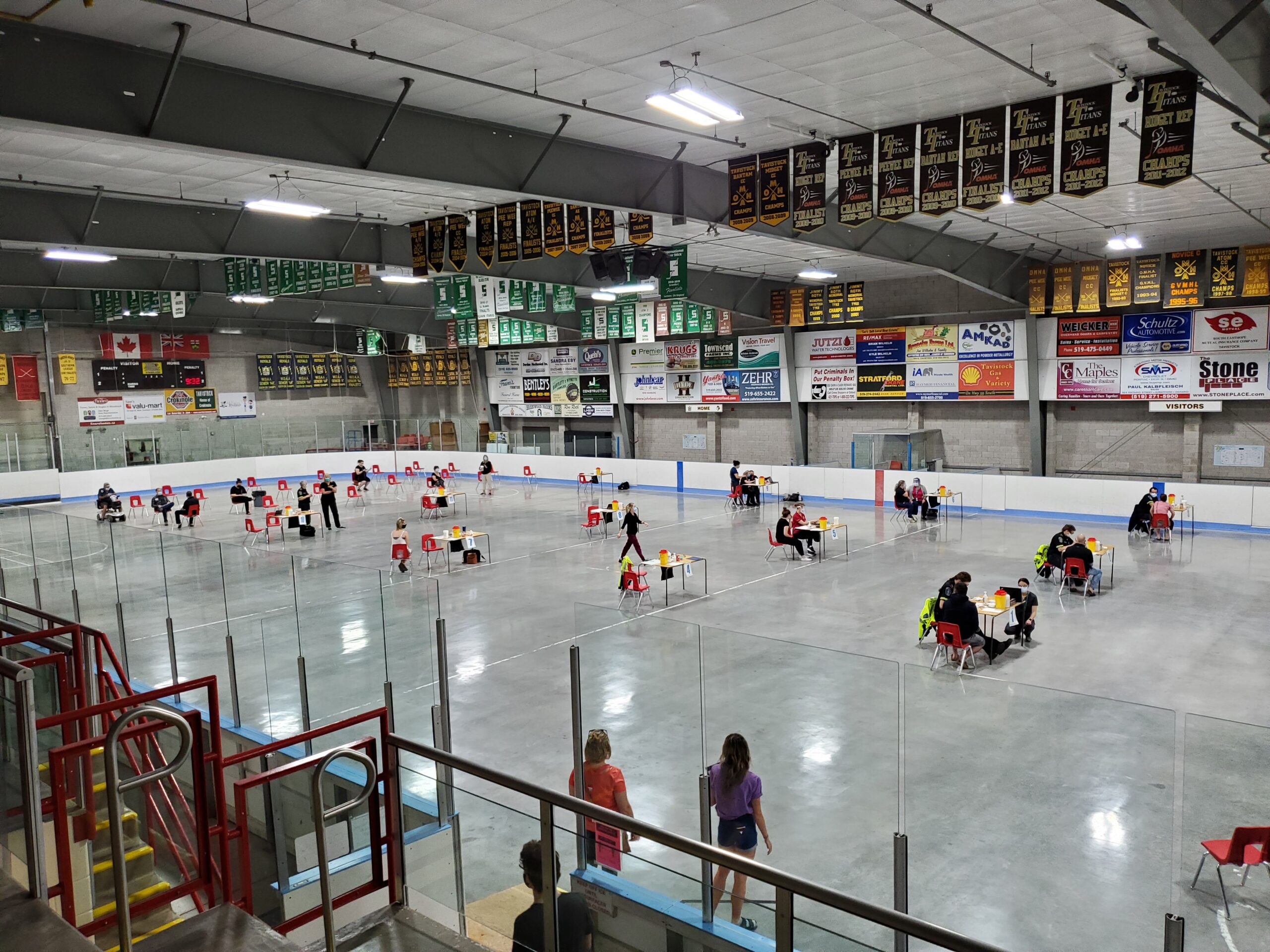 Community COVID-19 vaccine clinic set-up in a Tavistock hockey arena