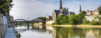 The Grand River running through downtown Cambridge, Ontario