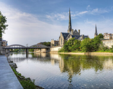 The Grand River running through downtown Cambridge, Ontario